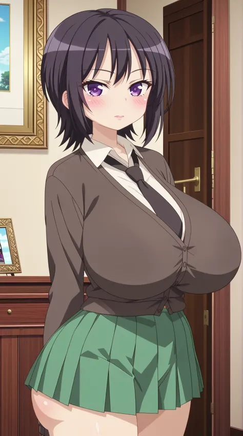 (UHD, retina, masterpiece, accurate, anatomically correct, super detail, high details,   highres,anime screencap, anime coloring:1.3)、(yozora_haganai:1.3)、(short hair, black hair, purple eyes:1.3)、(very gigantic breasts:1.3)、(shirt, school uniform, necktie...