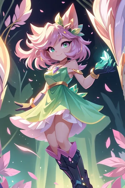 Lumina Lark Personality: Lumina is cheerful and confident, always willing to protect those she loves.: She is based on light and nature, inspired by fairies and forest spirits, combined with technological elements.  color palette : Tons of light pink, gold...