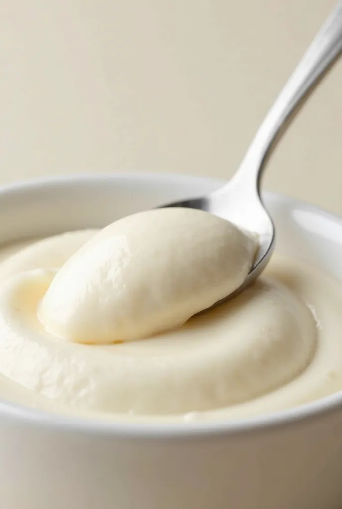 Close-up of a creamy yogurt, with a spoon about to sink