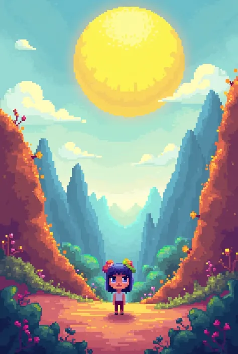 Small female character on colorful background with sun in large square pixel pix art