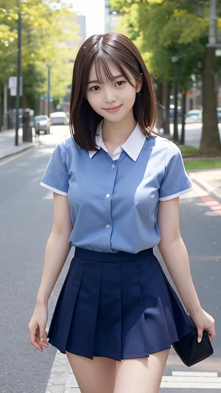 One girl, Japanese girl, 18 years old, high school girl, Alone, solo,  kind smile, looking at viewer, walk, shy, embarrassed smile, stare at the viewer,  Cute face, beautiful face:1.5, pretty face, idle face, slender waist, Slender body, thin arms, Thin le...