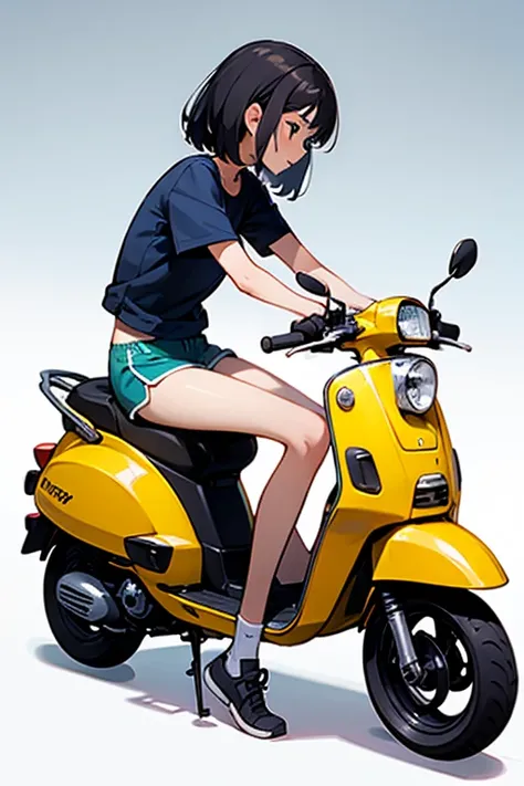 a girl sitting on scooter, side view, knees up, dolphin shorts
