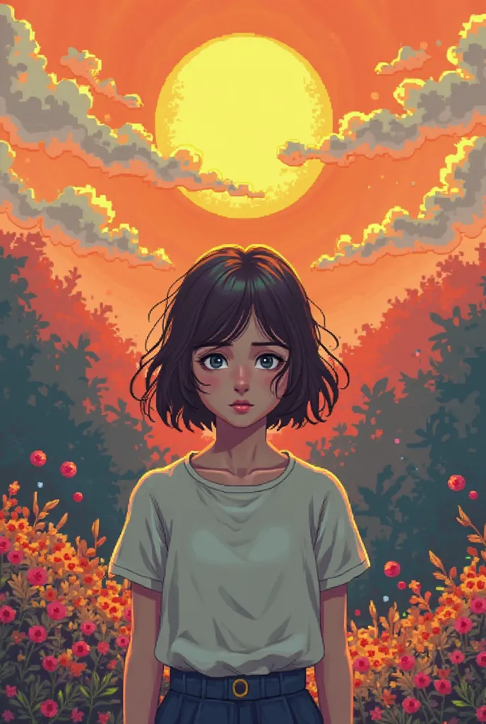 Depressive short haired brown and white female character with random colored background with sun in large square pix art