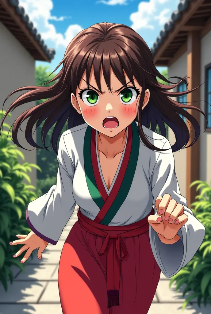 Create an anime woman with green eyes, brown hair and Asian clothes leaving her house angry