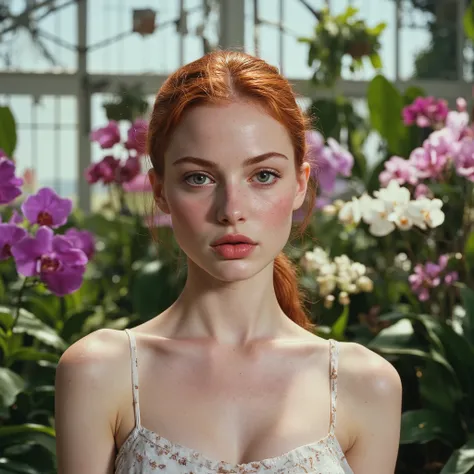 Professional photographic shot of a young 18-year-old woman with fair skin, fiery red hair tied in a sleek middle-parted ponytail. She wears round, thin-framed eyeglasses resting delicately on her nose. Her face is softly illuminated by natural sunlight fi...