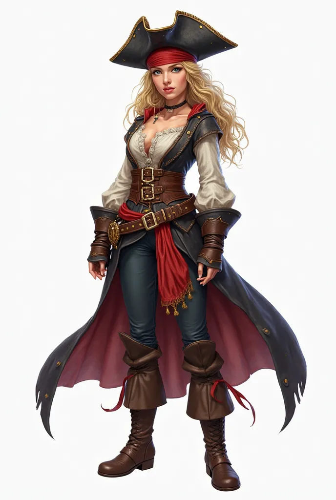  A blond girl with blue eyes, , medium height png format, transparent background and full body and pirate clothing