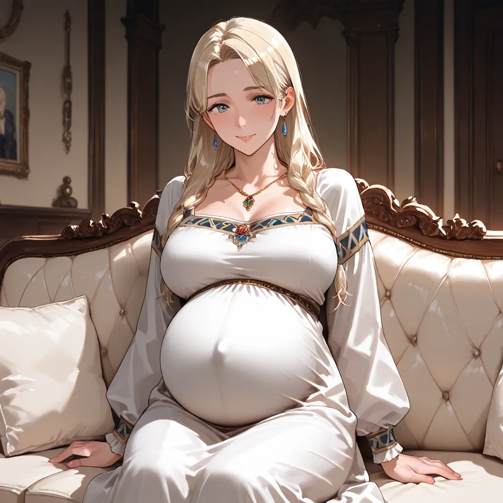 ((Top Quality)), ((masterpiece)), (details), （perfect faces）、Pregnant Fiona Belli, an adult blonde with excellent proportions, is sitting on a luxurious sofa in an old castle room