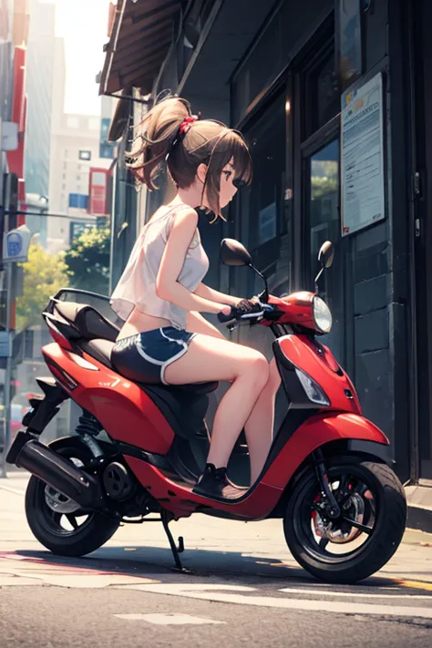 a girl sitting on scooter, side view, knees up, dolphin shorts
