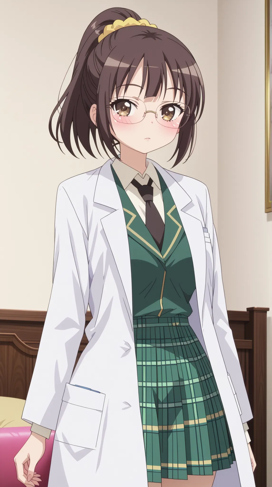 (UHD, retina, masterpiece, accurate, anatomically correct, super detail, high details,   highres,anime screencap, anime coloring:1.3)、(rika shiguma:1.3)、(brown hair, brown eyes, ponytail, glasses, scrunchie, yellow scrunchie:1.3)、(very gigantic breasts:1.3...