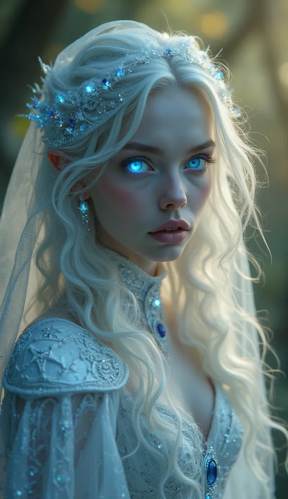 a photorealistic editorial fantasy portrait of an (pale white:1.5) albino 24-year-old elven sorceress with silver hair, glowing sapphire cat eyes, and dewy skin, wearing a translucent obsidian veil hijab embroidered with star-gems, ivory runic armor with g...