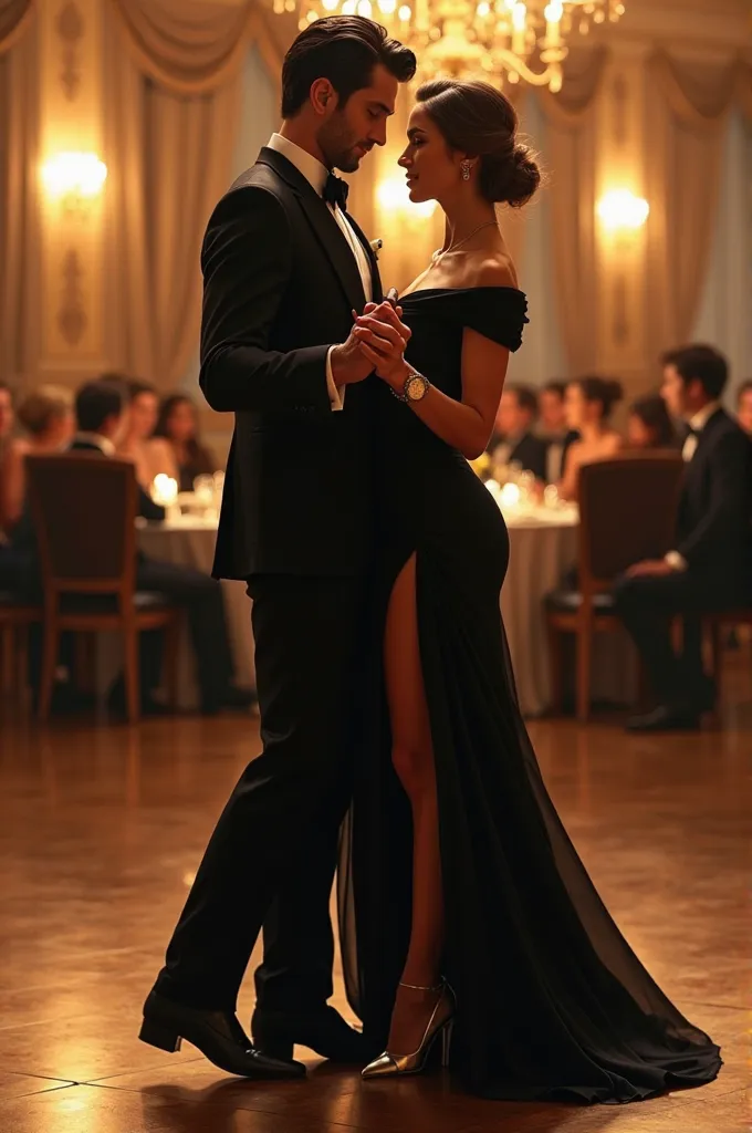 A tall man (190 cm) and a woman (168 cm) are dancing together in an elegant ballroom. The man wears a classic black suit with a white dress shirt and a black tie, his hair neatly styled. He holds the woman gracefully as they dance. The woman wears a stunni...