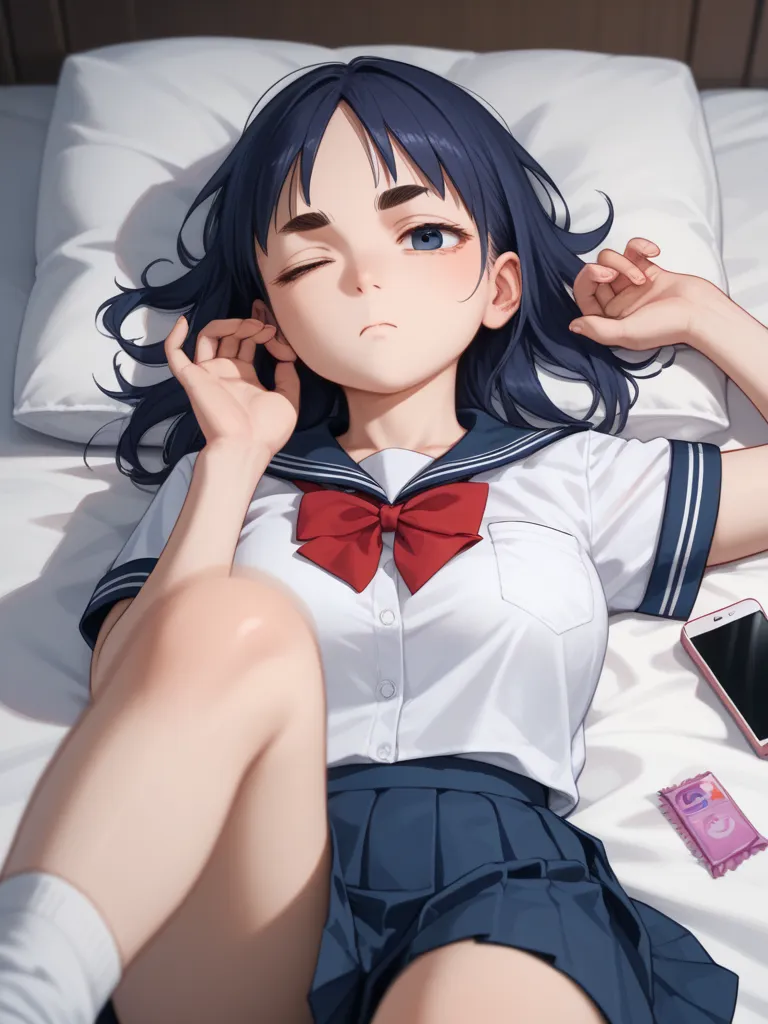 (Upper body only) , school uniform , (looking smartphone:1.2) , lying on bed , (smartphone on hand) , (Intense Sway vertically upper body motion blur) , Sway vertically breast
, kawaii anime petit girl, round eyebrows, round face, single eyelid, bold pose,...