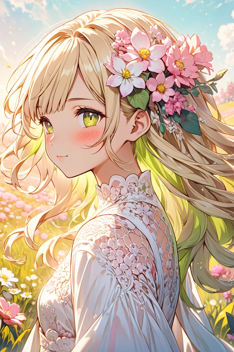 Anime girl (ethnicity:1.2), (age:1.1), (detailed clothing:1.2), (accessories:1.1), (facial features:1.3), (expression:1.2), (body type:1.1), (pose:1.2), light blonde hair, vibrant yellow-green highlights, flowing hair with decorative flowers, light, off-wh...