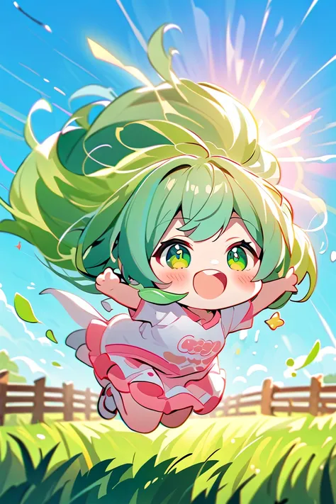 *(chibi anime girl, adorable and lively,  bright sparkling eyes, Energetic expression, wide cheerful grin, small and chubby proportions, rosy cheeks, soft pastel colors, vibrant lighting.)*  
(Hatsune Miku, chibi style)
*(Holding two large fresh green onio...