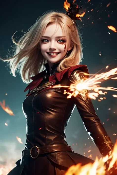  1 girl,  flying hair,  red eyes, Fire Witch , Blood on face,  Light Particles , Lightning rays,  wallpaper,  colorful,  high contrast , ,  smirking ,  , psychopathic  smirking ,  Psychopath Smile ,  tilting your head 