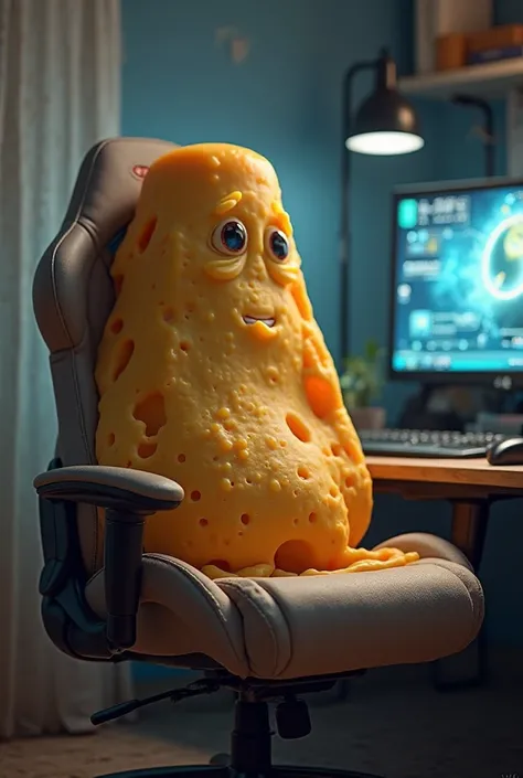 Place a cheese on top of a gaming chair in front of a turned on monitor