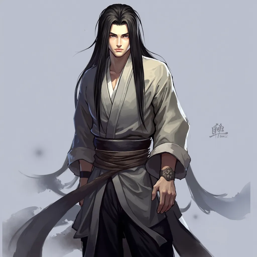 A young male warrior with a strikingly handsome face, sharp features, and long, flowing black hair. His eyes are intense and slightly mysterious, giving him a confident yet enigmatic aura. He wears a traditional wuxia-style outfit consisting of a light-col...