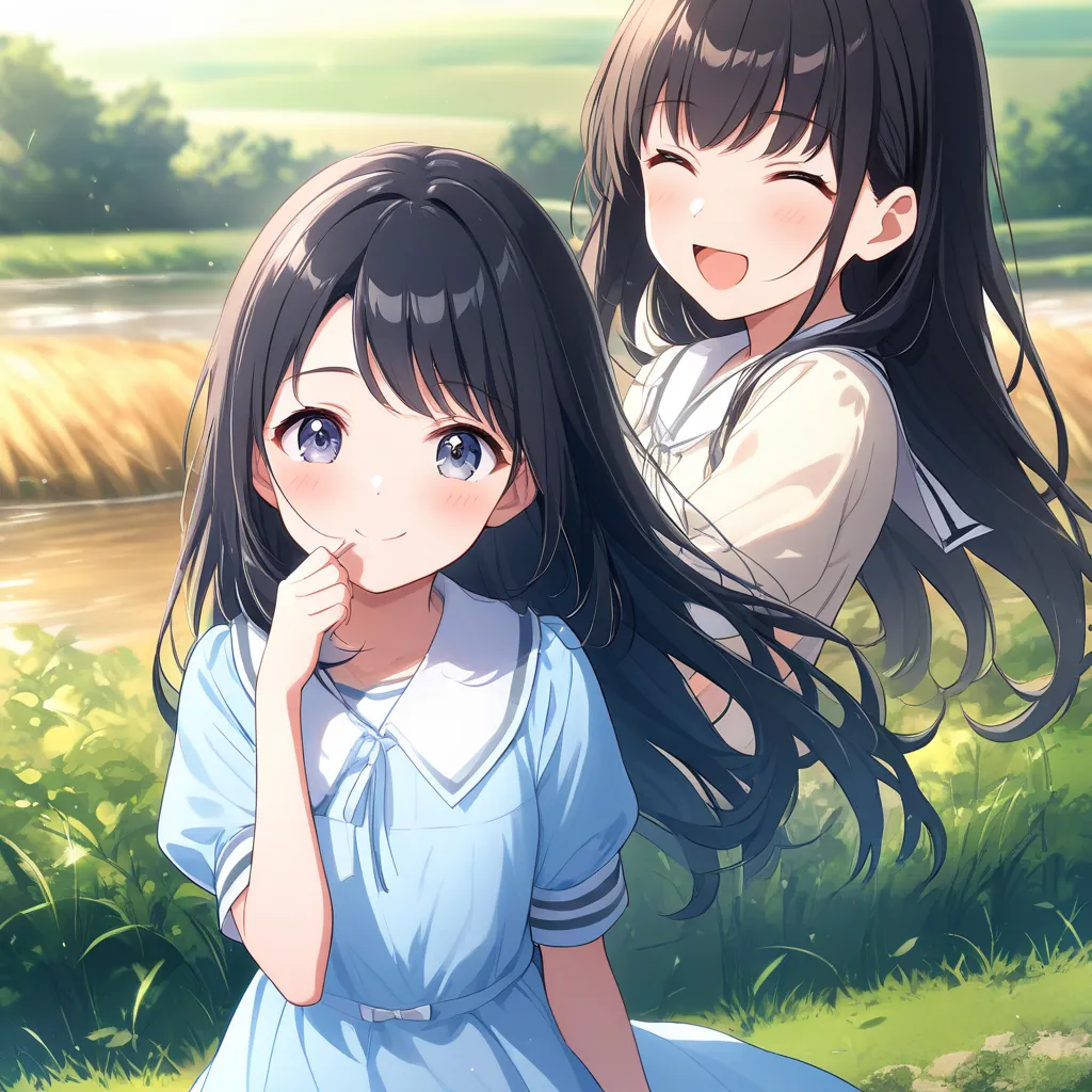 、mosaic、、cute elementary school girl raising her mouth,５age、long black hair、 clear、flat chest、light blue dress with sleeves、Countryside riverbank、smile