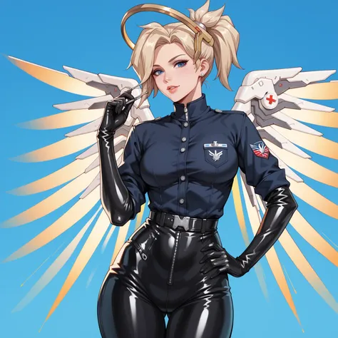 Horny, 1 girl, angela ziegler, mercy, overwatch, looking at viewer, standing, one, surgeon uniform, black latex gloves