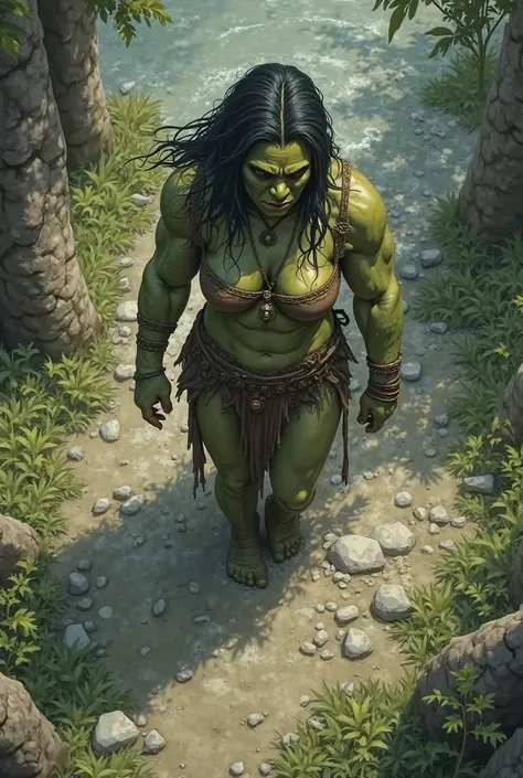 I need an ogre/Orc woman with female body . seen from above, Where he appears whole and so does the ground below her. She can't be very realistic, it can have strong outlines and little color palette, The view has to be right from above, como se o personag...