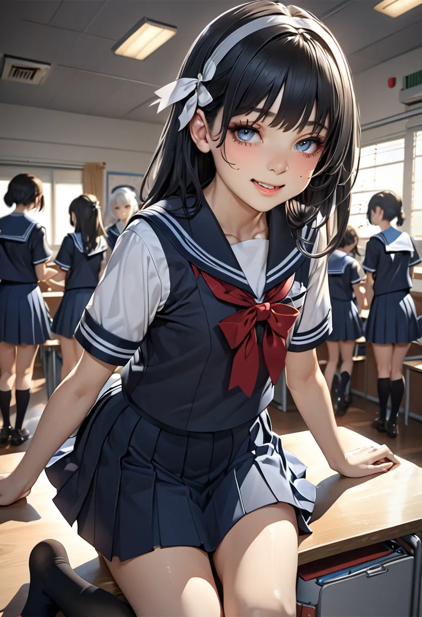 (masterpiece: 1.3), (high quality:1.4), Ultra High Resolution, (Thin Eyes), (detailed facial features), (Detailed details of the outfit), HDR,  resolution 8k, High school girl in sailor uniform, Anime 2D Rendering, white hair band,  smile, black hair, navy...