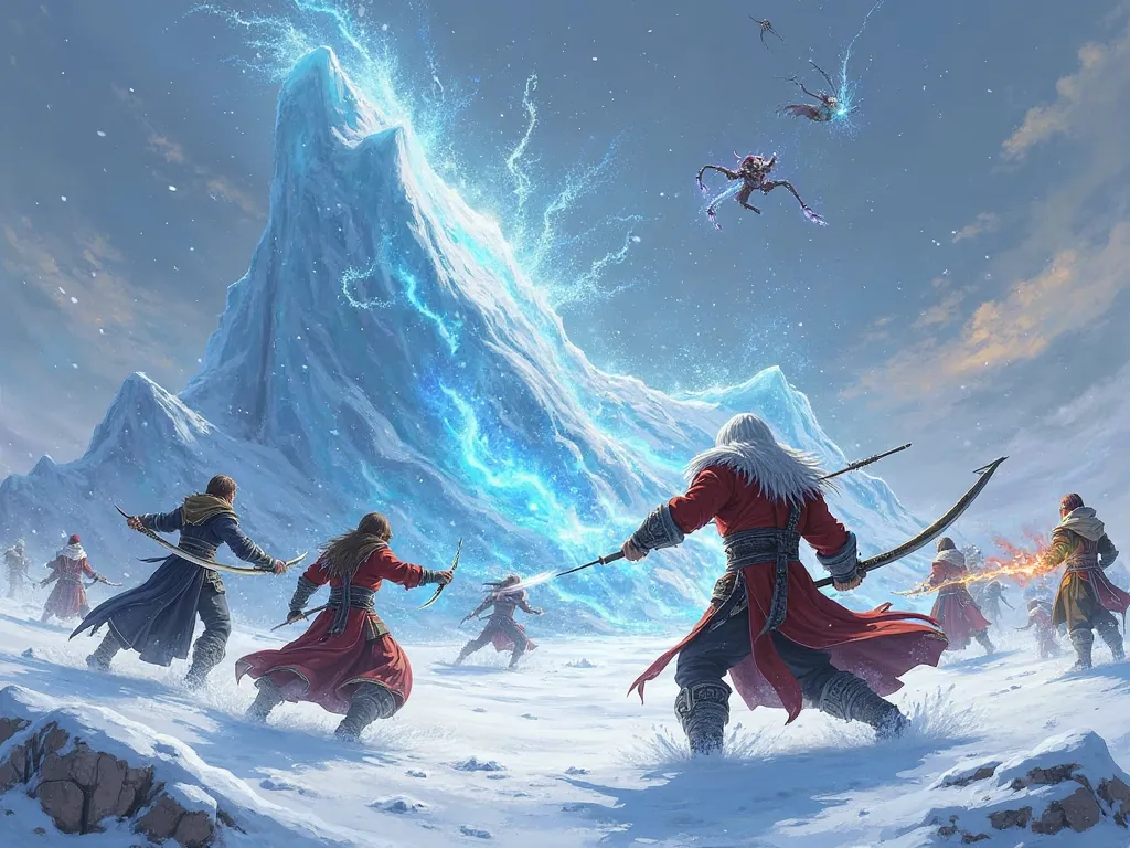 Battle scene on a snow-covered field in Shaiya. Several characters of different classes (warriors, wizards, Archers) fighting against ice monsters. There are spells of ice and fire colliding, creating spectacular visual effects.  In the background, a large...