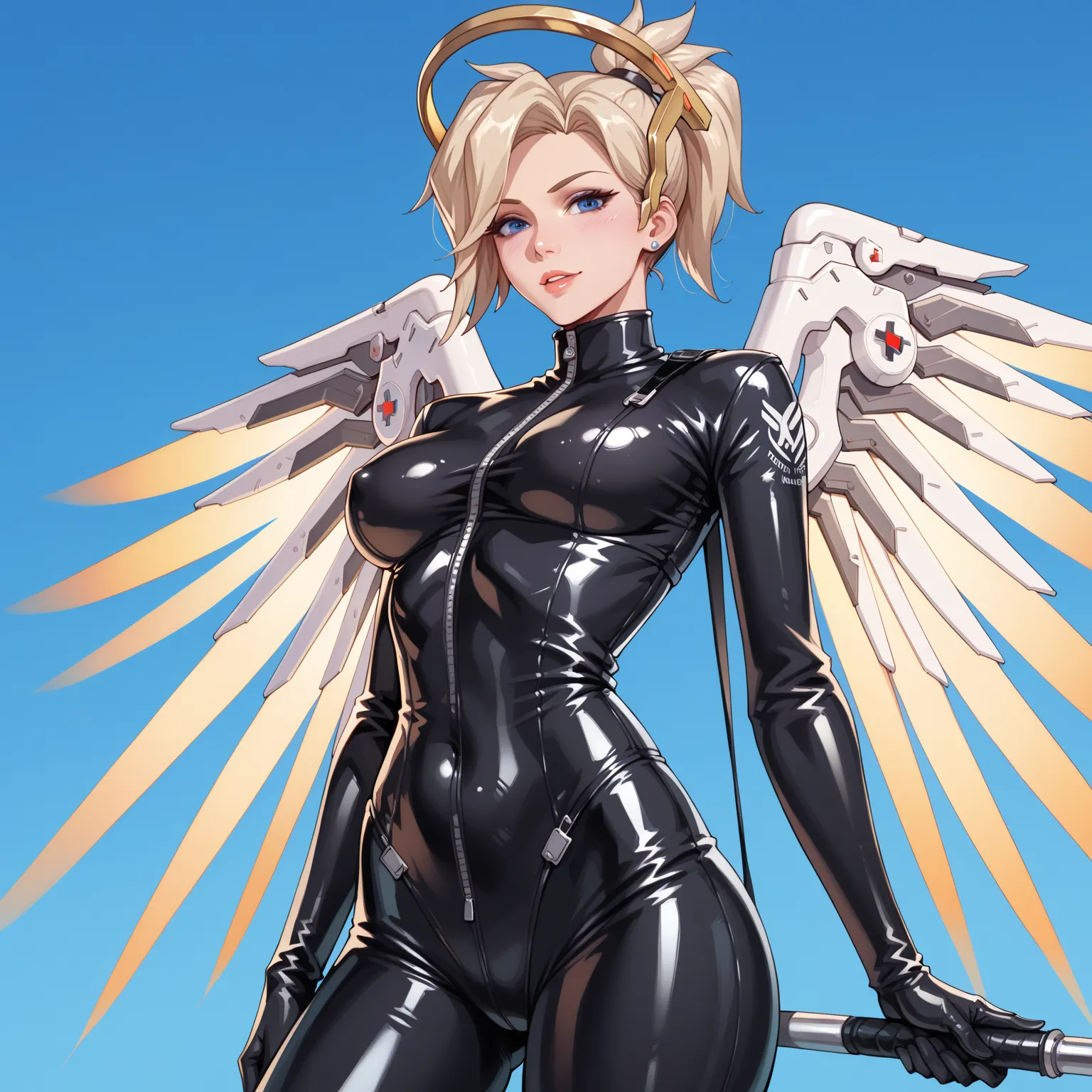 Horny, 1 girl, angela ziegler, mercy, overwatch, looking at viewer, standing, one, surgeon uniform, 
 latex gloves