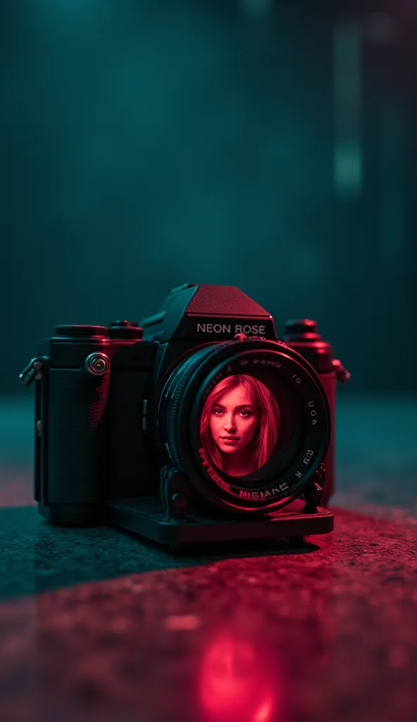 An old photographic camera in the foreground, with a lens in focus, but reflecting the image of a Neon Rose girl in an intimate moment, as if she were hiding something. In the background, An empty stage, indicating the separation of the group. . The contra...