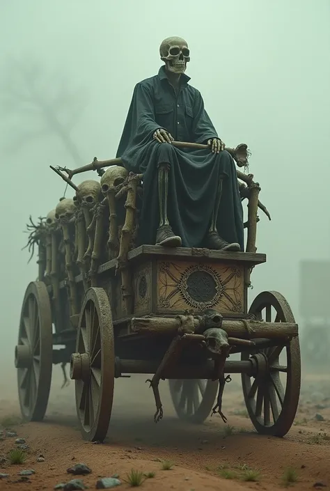 Wagon pulled by guts made of skulls riding a calaca