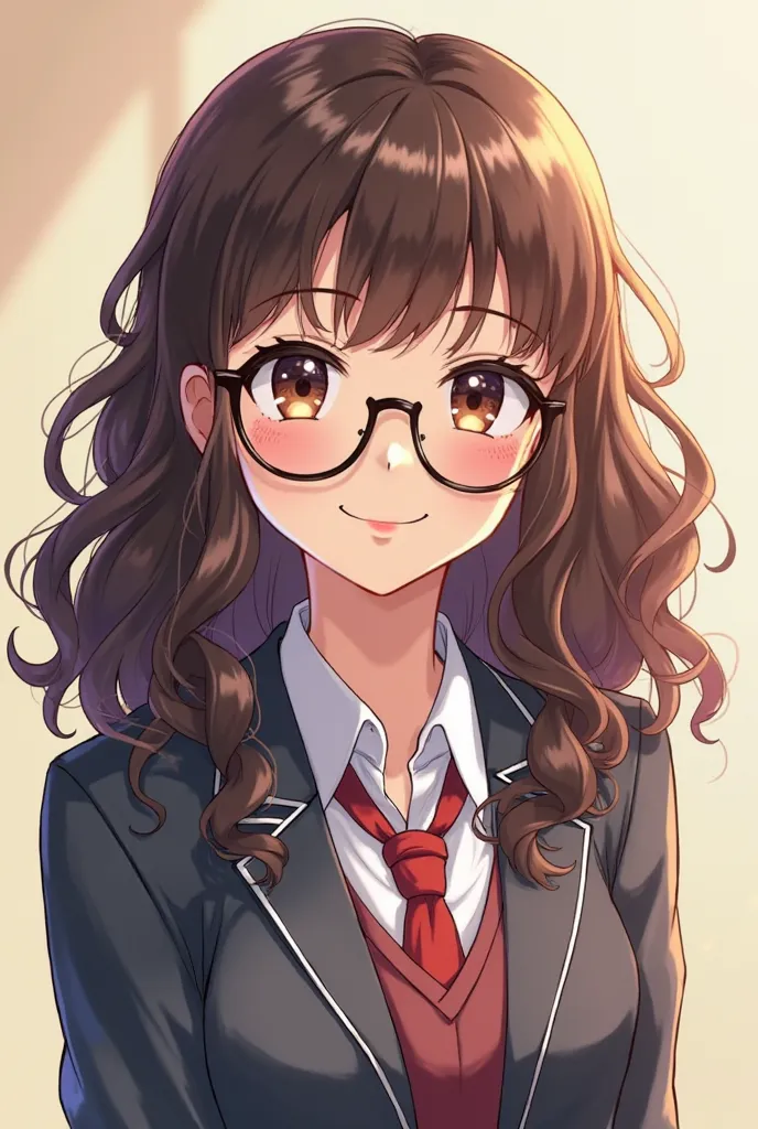 Brunette skinned anime girl with long curly hair, The girl wears glasses, He's intelligent and wears a uniform.  The girl smiles at the camera 