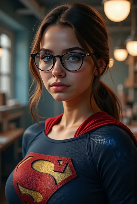 FULL VIEW OF A 17-YEAR-OLD- WITH BLUE EYES AND GLASSES. The dimly lit ambiance, combined with realistic shadows and warm spotlights, enhances her striking facial features and the rich textures of her SUPERGIRL costume. Captured using Nikon 135mm, no lens f...