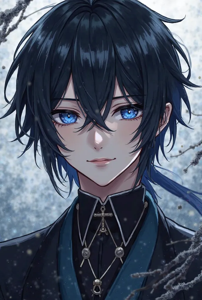  Male Character ，has dark blue pupils and black hair，Beautiful appearance，Sword eyebrows and star eyes，Deep facial features。slightly raised the corners of her mouth，with a smiley-like spirit，Slightly indifferent eye，Mysterious air overall。Background can be...