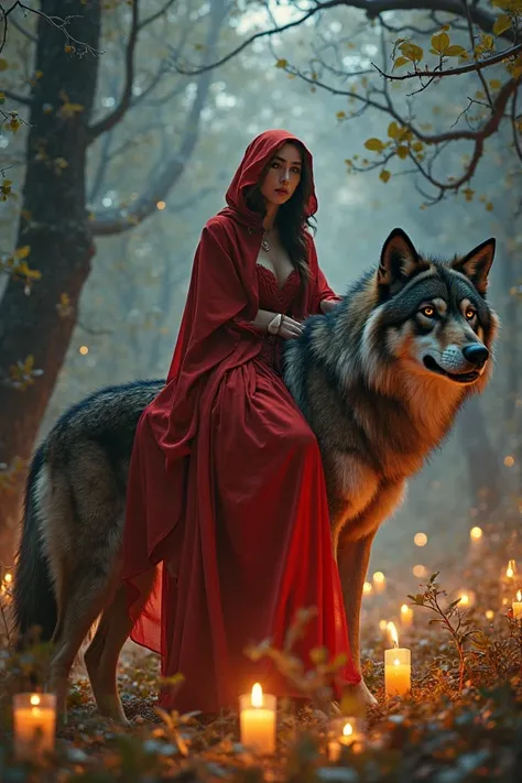 Le chaperon rouge glamour assise sur le dos du loup dans une foret remplie de bougies elle rient une lanterne 