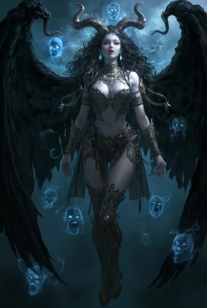 A majestic and enigmatic queen of the underworld floats in the midst of a dark and mystical landscape.  Her skin is pale and luminous , standing out against the darkness that surrounds her. Her long hair, wavy and dark falls on her shoulders, adorned with ...