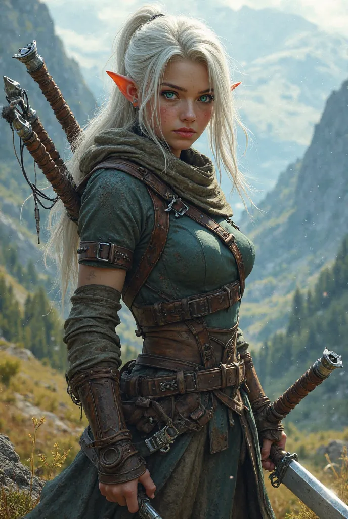 Female Elf, White blond hair, mercenary clothing