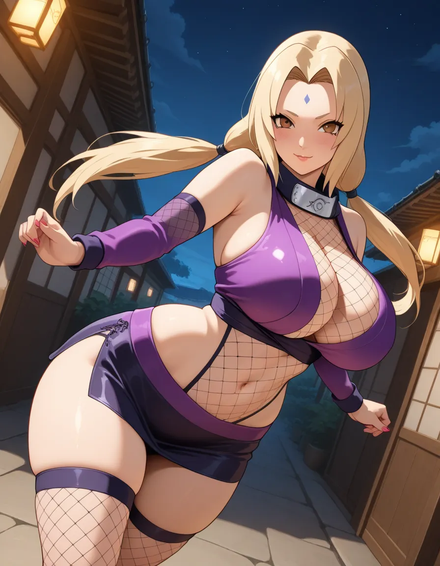  { - anatomy error} , ((Best Quality)), ((masterpiece)), (detailed), 1 girl, Tsunade \(Naruto\), ((wearing a slutty ninja outfit)), slutty, curvy, nice hips, kunoichi, ninja outfit, midriff, short skirt, (fishnet), underboob, kunoichi skirt, orange hair, f...