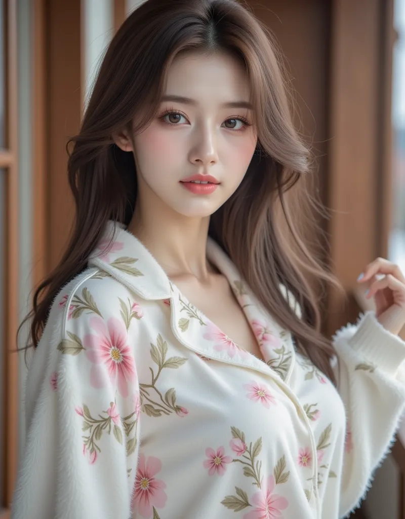 (A super cute Korean pretty girl is standing on the veranda wearing cute pajamas:1.2)(Grinning,Spreading smiles)(beautiful lips:1.1)(16k,  RAW photos , Top Quality, masterpiece: 1.2),(Mr.々 beautiful brown hair :1.2) Super Detail, super resolution, (Genuine...