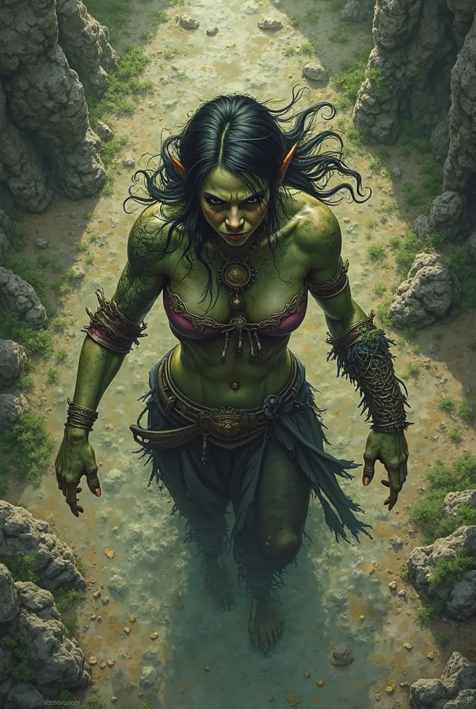 I need an ogre/Orc woman with female body . seen from above, where he appears whole and so does the ground below her. She can't be very realistic, it can have strong outlines and little color palette, The view has to be right from above, como se o personag...