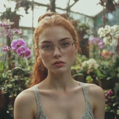 Professional photographic shot of a young 18-year-old woman with fair skin, fiery red hair tied in a sleek middle-parted ponytail. She wears round, thin-framed eyeglasses resting delicately on her nose. Her face is softly illuminated by natural sunlight fi...