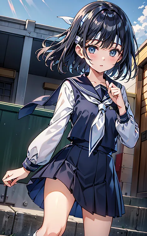 (highly detailed CG Unity 8K), (best quality)，(very well detailed)，( super high resolution ),   black hair, High school girl wearing a navy blue long sleeve sailor suit, navy blue skirt from the bottom of the seat、navy blue skirt from the bottom of the sea...