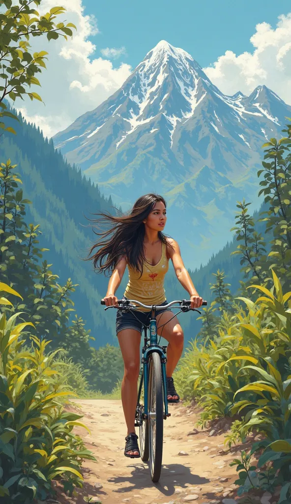 like the photo like the original of a female riding a bicycle facing forward,mountain background,long live,indonesia