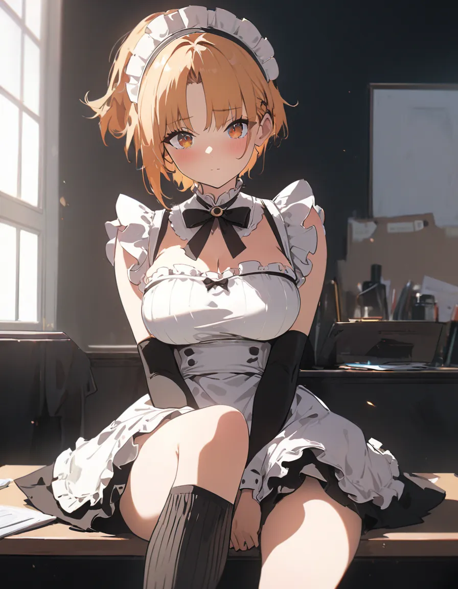 
1 female, ashdomine, cowboy shot,  knee up , bottom piece, Hand Between Legs, Very cute face,  Maid costume , cute girl, alone, short hair,  ponytail hair,  brown bleached ,  orange eyes , big boobs, blush, smooth and flawless skin {x}, face number 4 stan...