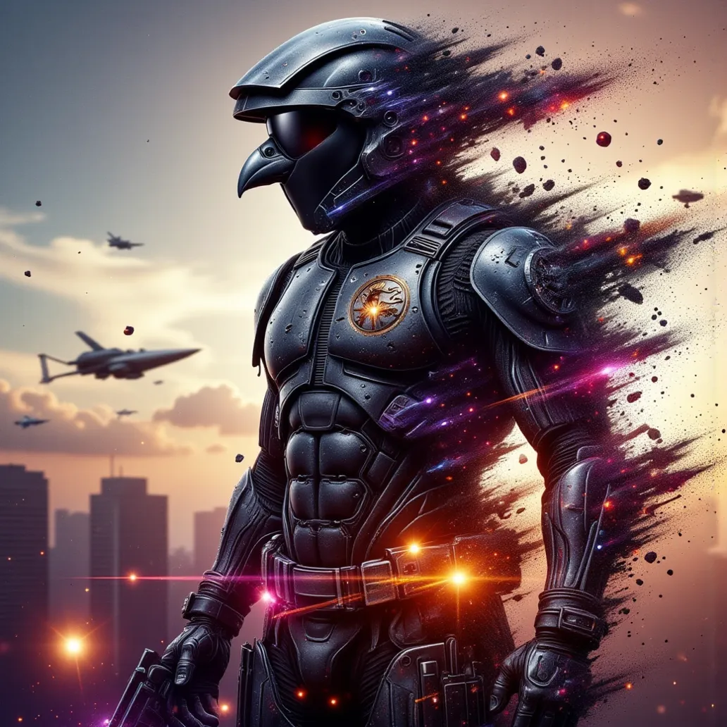 double exposure style, Prospect: Anthropomorphic Crow soldier, donned in black modern combat armor. Silhouette: the name "Crowmetheus" overlayed and blended in. Space battle, soldiers and starships. Colorful, Dynamic Pose, Dynamic contrast ,Silhouette inte...