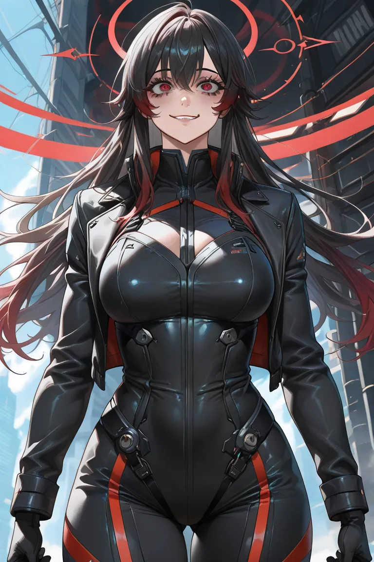 1 woman, Hela, tall adult, long hair, black hair, red bangs. red eyes, futuristic clothing, black outfit wearing a dark jacket with red tones, a somewhat deranged smile and handling a ray, red rays and flying a futuristic city. ((Epic scene, High detail, g...