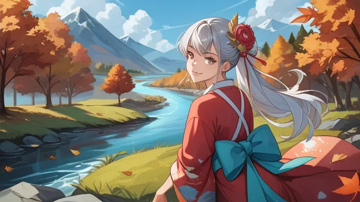 there is a girl in the back of the landscape、rural、river、girls wear Japanese kimonos、and the kimono is a colorful color、The girl's hair is silver、One person、Vision、autumn leaves、best image quality、8k、Draw Details