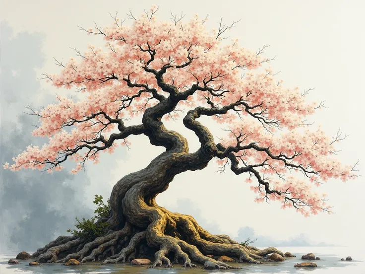 A bonsai painting with a very thick gold-colored stem with a very thick crown, cherry blossoms in white, all the painting with shades that match an ice-white, half-gray environment, an art with striking brushstrokes, with a thick sturdy tree canopy. 