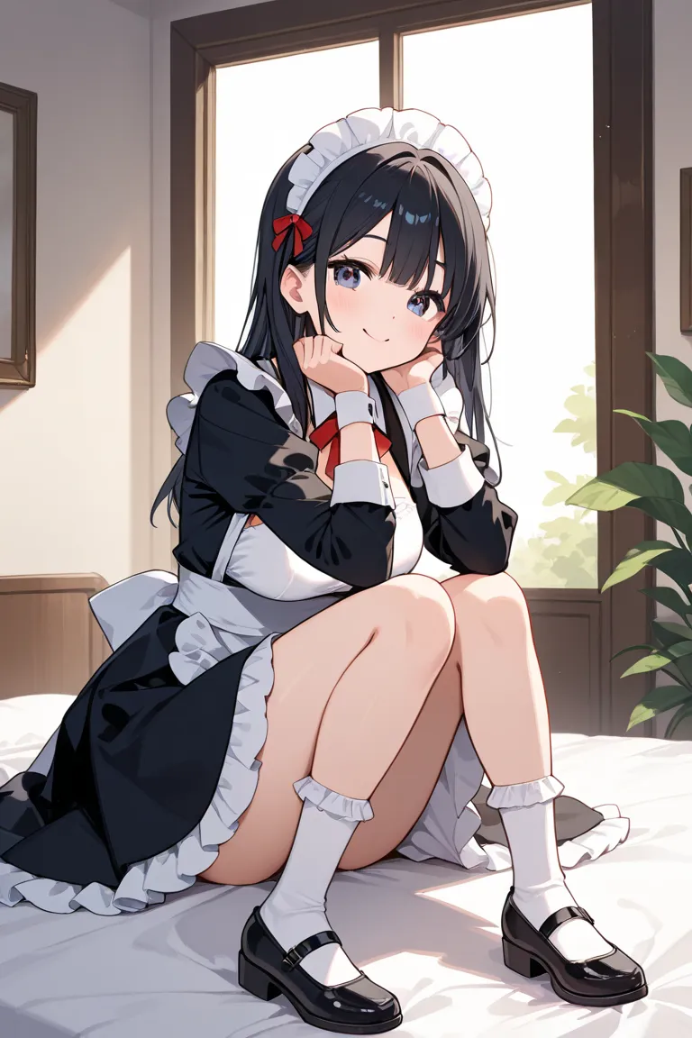 1 girl、Maid、frill socks、Kamigami、black hair short、SMALLE BREASTS、Satisfied ,