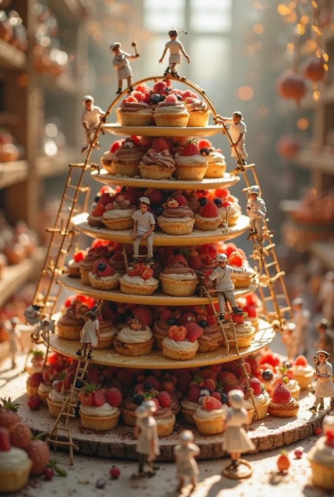 
“A massive dessert platter sits at the center of a whimsical, miniature world. Tiny pastry chefs climb ladders to reach the towering sweets, carefully piping chocolate, cream, and fruit fillings into the delicate pastries. Some figures carry ingredients i...