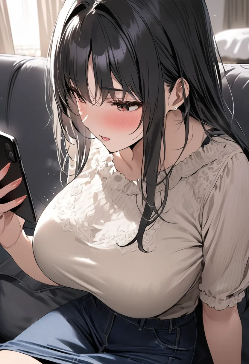 (( top quality)), (( masterpiece  )), ( details), ( 1 Anime Girl ),   sexy, (   black hair), Bust 9 ０CM big breasted married woman whose body trembles with pleasure ,   young woman, Dissatisfied expression sitting on the sofa and playing with a smartphone ...