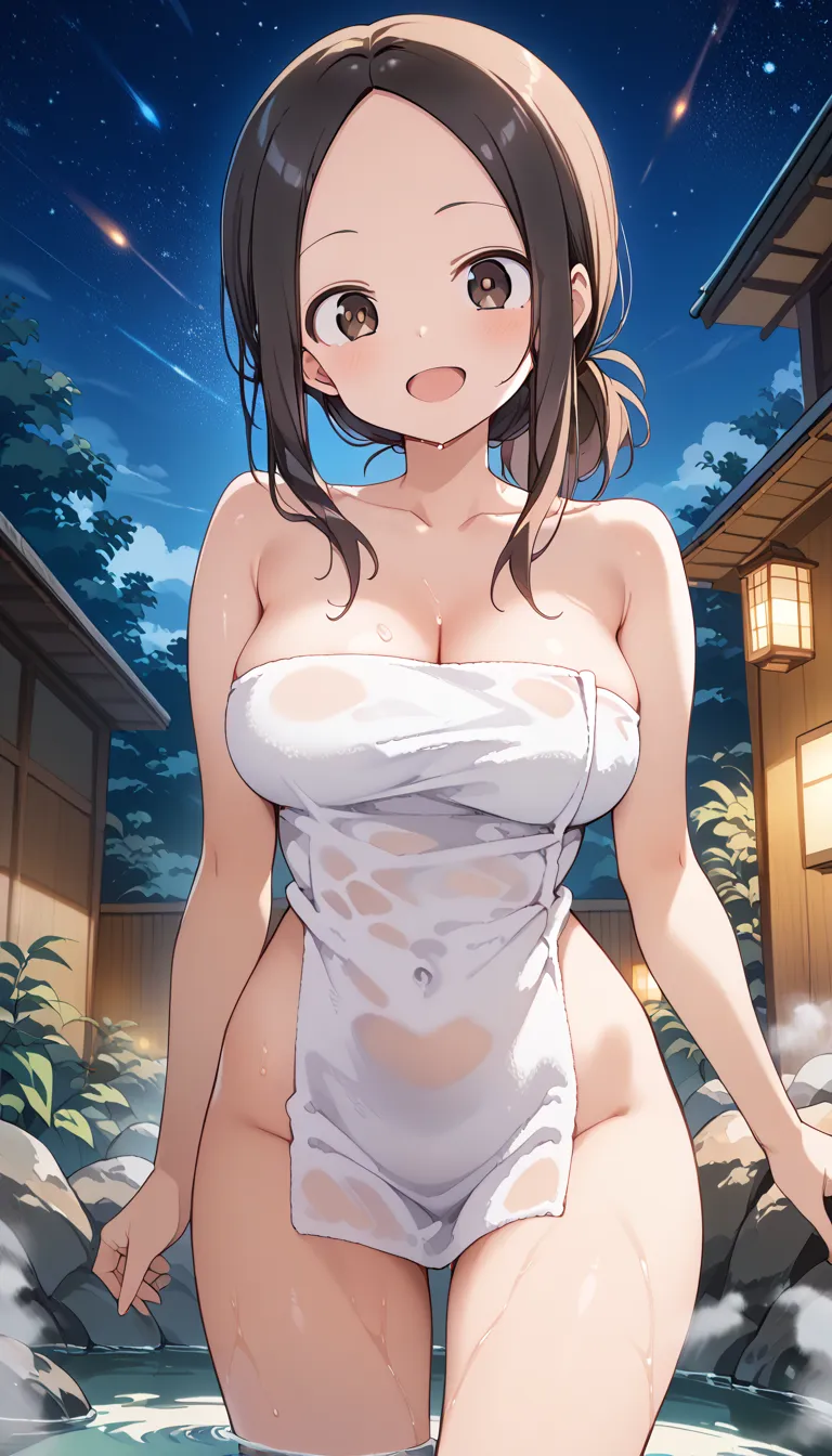 NSFW ((Takagi)),best quality, masterpiece, Alone,  female 1 person、Age 25、(Soft Bust:1.2)、( Natural Big Breasts)、(Chest)、( Slender Body Shape )、( NAKED TOWEL)、 hide your chest with a bath towel、accentuate your chest、 thighs、(Viewer:1.2)、(oblique view from ...